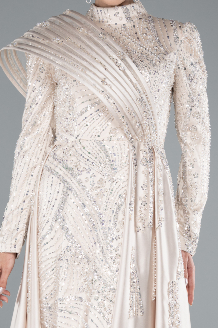 Tenue de Soirée Voilée Longue Beige ABU4932