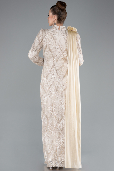 Tenue de Soirée Voilée Longue Dantelle Beige ABU4933
