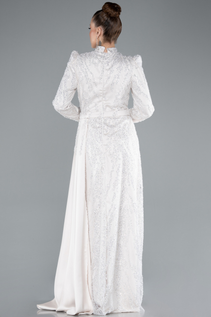 Tenue de Soirée Voilée Longue Perlé Beige ABU4941