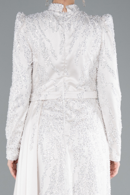 Tenue de Soirée Voilée Longue Perlé Beige ABU4941