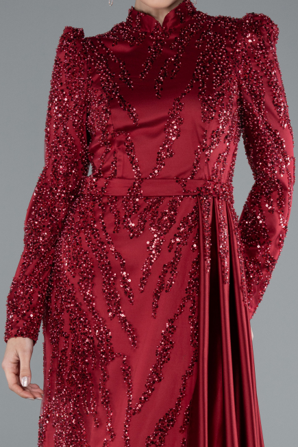 Tenue de Soirée Voilée Longue Perlé Rouge Bordeaux ABU4941