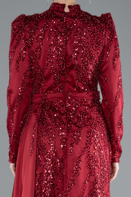Tenue de Soirée Voilée Longue Perlé Rouge Bordeaux ABU4941