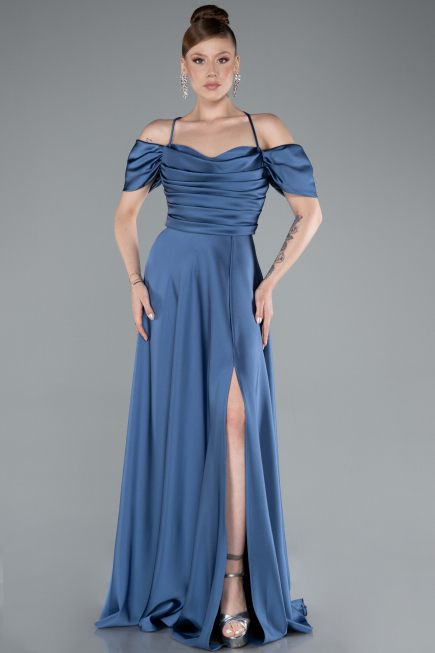 Robe De Soirée Satin Longue Gris-Indigo ABU4703