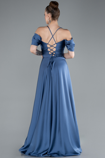 Robe De Soirée Satin Longue Gris-Indigo ABU4703