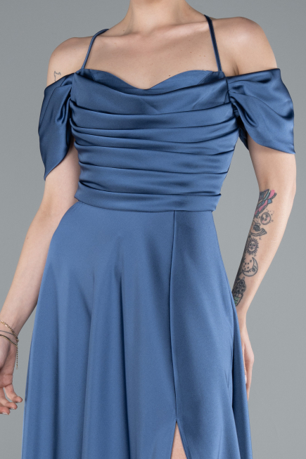 Robe De Soirée Satin Longue Gris-Indigo ABU4703