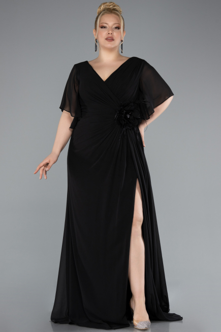Robe de Soirée Grande Taille Longue Mousseline Noir ABU4911