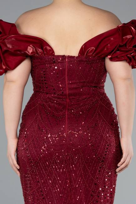 Robe De Fiançailles Grande Taille Perlé Longue Rouge Bordeaux ABU4788