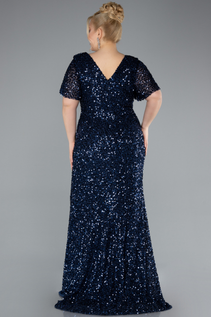 Robe de Soirée Grande Taille Longue Squameuse Bleu Marine ABU4926