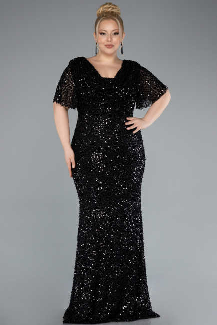 Robe de Soirée Grande Taille Longue Squameuse Noir ABU4926