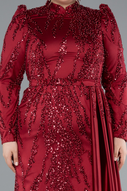 Robe Grande Taille Longue Perlé Rouge Bordeaux ABU4942