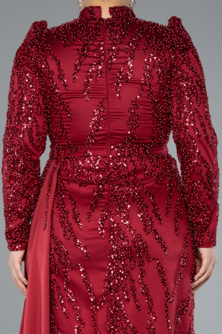 Robe Grande Taille Longue Perlé Rouge Bordeaux ABU4942
