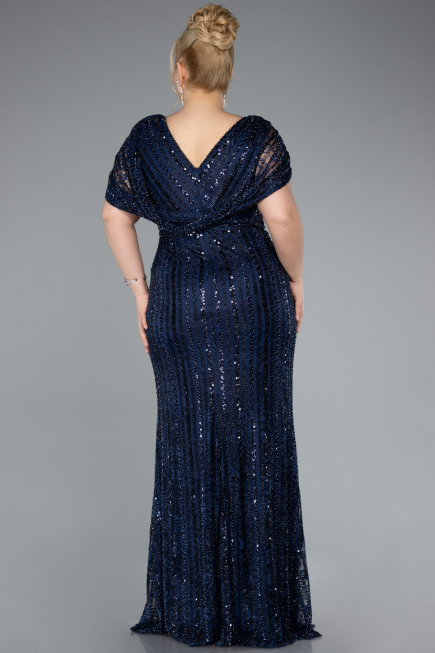Robe De Fiançailles Grande Taille Longue Dantelle Bleu Marine ABU4948