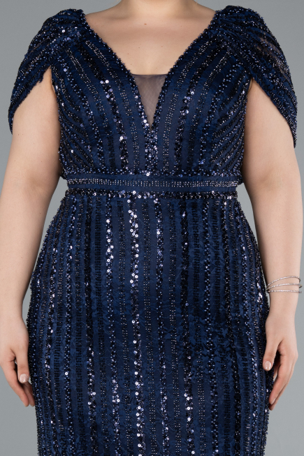 Robe De Fiançailles Grande Taille Longue Dantelle Bleu Marine ABU4948