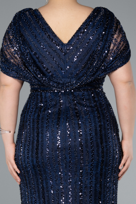 Robe De Fiançailles Grande Taille Longue Dantelle Bleu Marine ABU4948