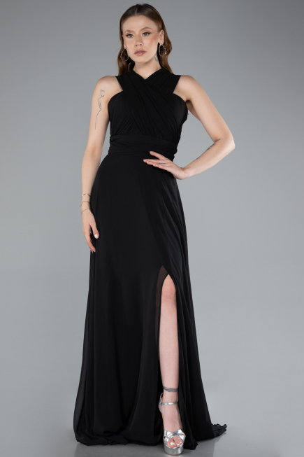 Robe de Soirée Longue Mousseline Noir ABU4965