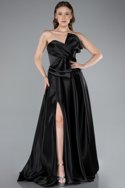 Robe de Soirée Longue Satin Noir ABU4975