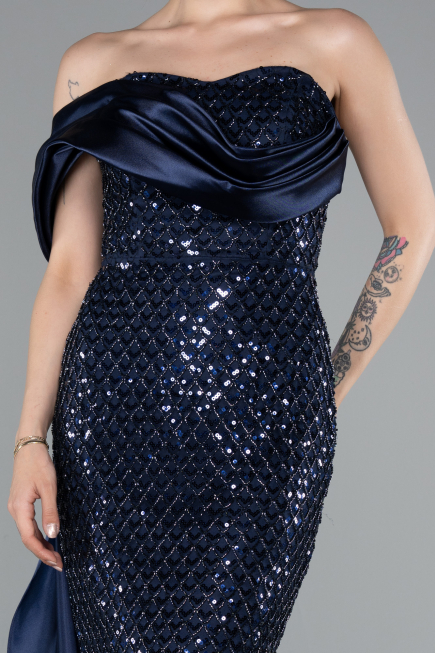 Robe Queue de Poisson Longue Perlé Bleu Marine ABU4986