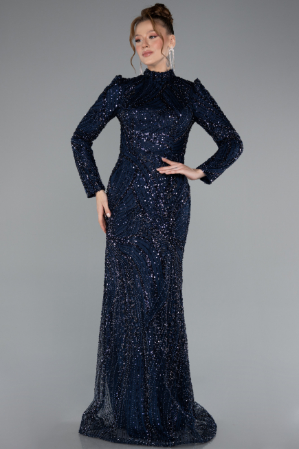Tenue de Soirée Voilée Longue Perlé Bleu Marine ABU4992