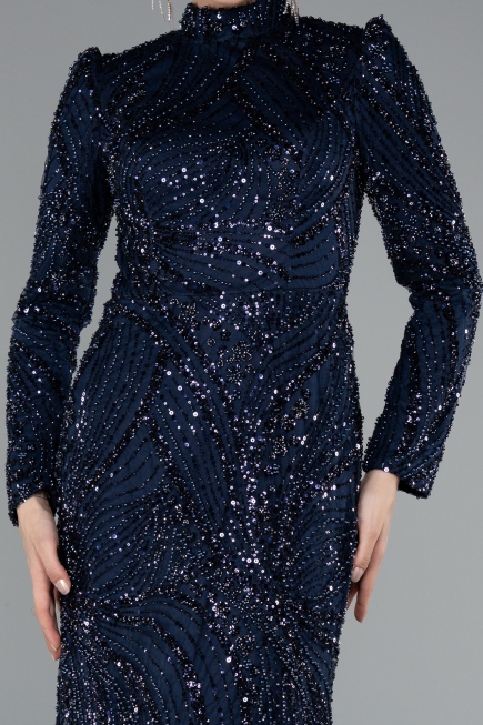 Tenue de Soirée Voilée Longue Perlé Bleu Marine ABU4992