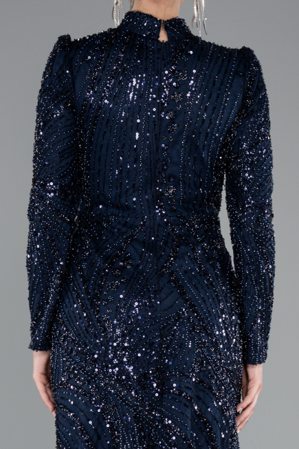Tenue de Soirée Voilée Longue Perlé Bleu Marine ABU4992