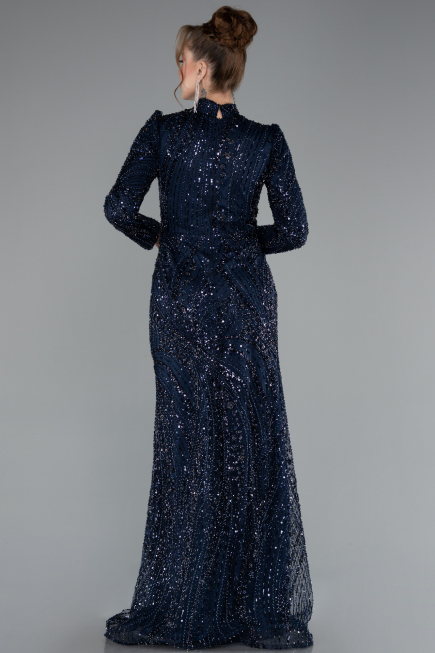Tenue de Soirée Voilée Longue Perlé Bleu Marine ABU4992