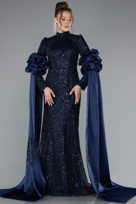 Tenue de Soirée Voilée Longue Perlé Bleu Marine ABU4992