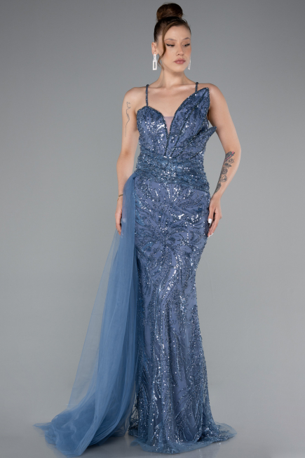 Robe de Soirée Longue Perlé Indigo ABU5003