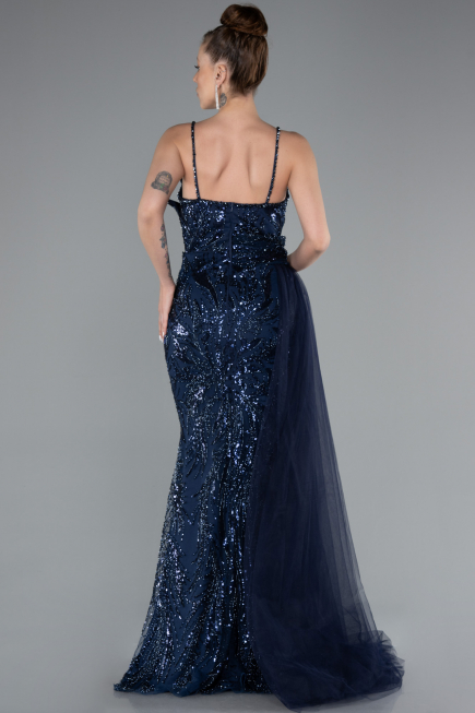 Robe de Soirée Longue Perlé Bleu Marine ABU5003