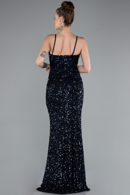 Robe de Soirée Longue Squameuse Bleu Marine ABU4842