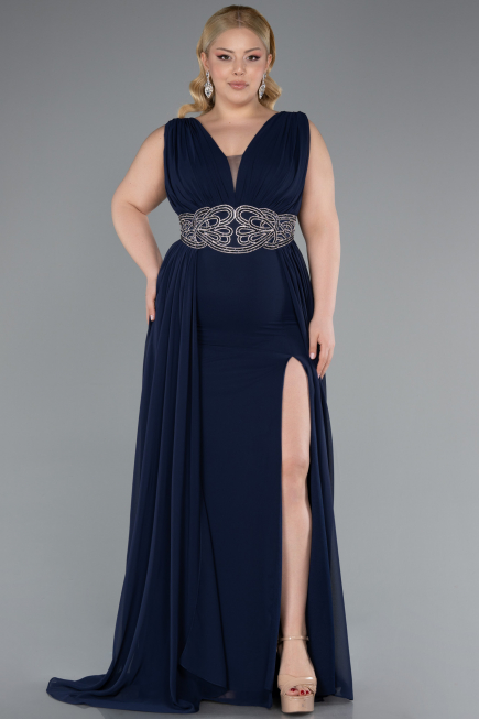 Robe Grande Taille Longue Mousseline Bleu Marine ABU5006
