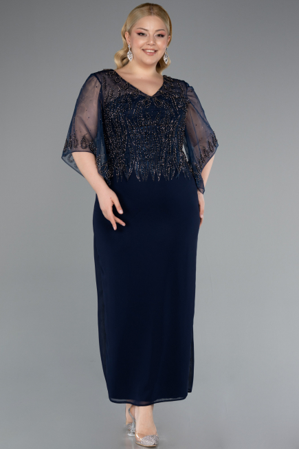 Robe de Soirée Grande Taille Midi Mousseline Bleu Marine ABK2333