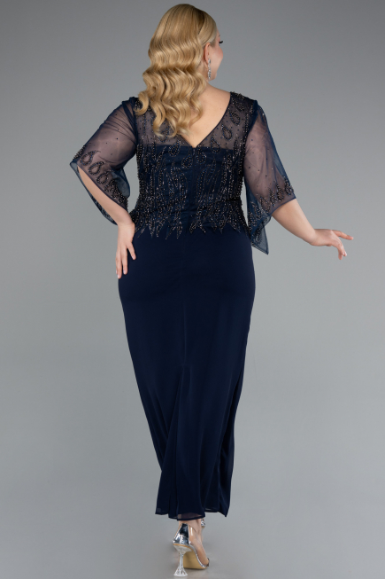 Robe de Soirée Grande Taille Midi Mousseline Bleu Marine ABK2333