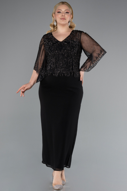 Robe de Soirée Grande Taille Midi Mousseline Noir ABK2333