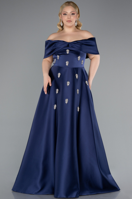 Robe De Soirée Grande Taille Longue Satin Bleu Marine ABU4998