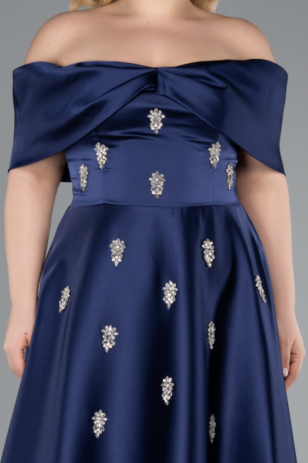 Robe De Soirée Grande Taille Longue Satin Bleu Marine ABU4998