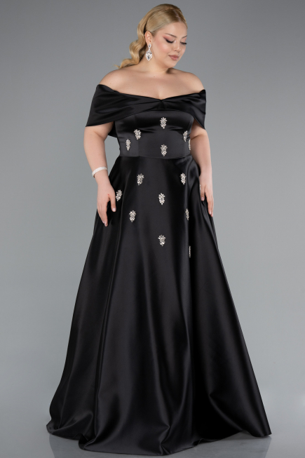 Robe De Soirée Grande Taille Longue Satin Noir ABU4998