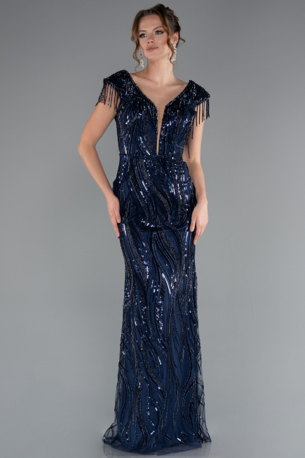 Robe de Soirée Longue Squameuse Bleu Marine ABU5030