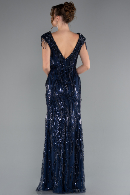 Robe de Soirée Longue Squameuse Bleu Marine ABU5030