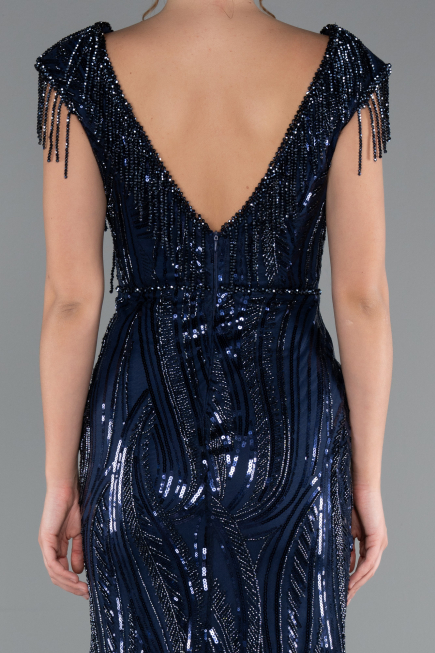 Robe de Soirée Longue Squameuse Bleu Marine ABU5030