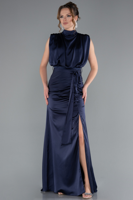 Robe de Soirée Longue Satin Bleu Marine ABU2133