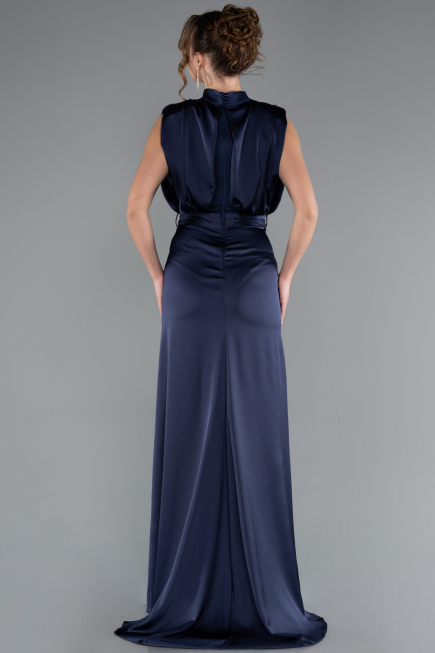 Robe de Soirée Longue Satin Bleu Marine ABU2133