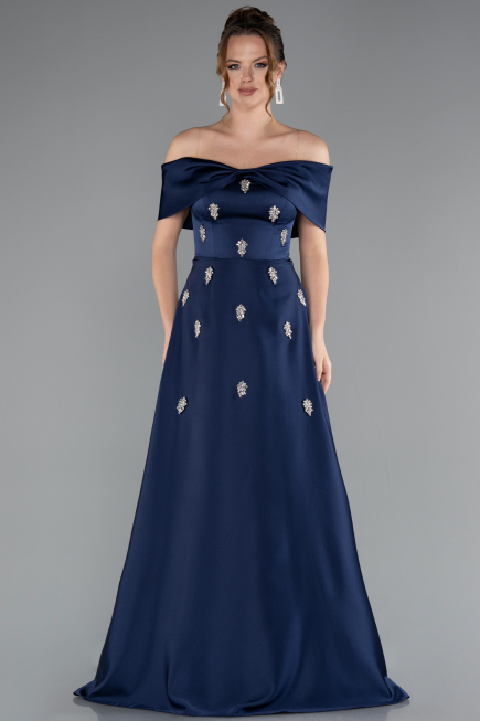 Robe de Soirée Longue Satin Bleu Marine ABU5015