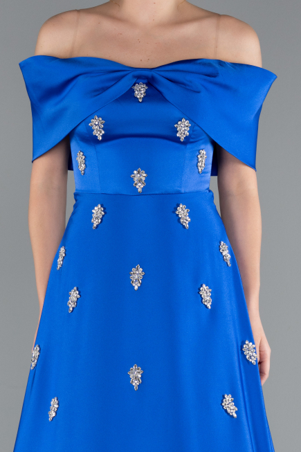Robe de Soirée Longue Satin Bleu Saxe ABU5015