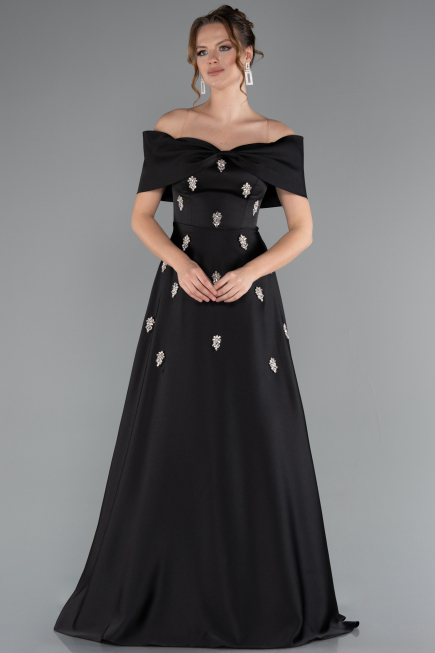 Robe de Soirée Longue Satin Noir ABU5015