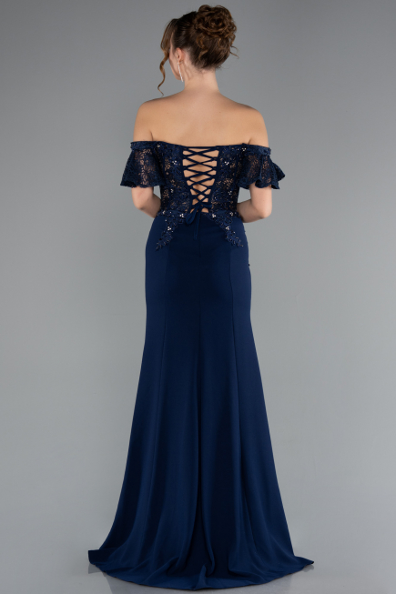 Robe de Soirée Longue Dantelle Bleu Marine ABU2261