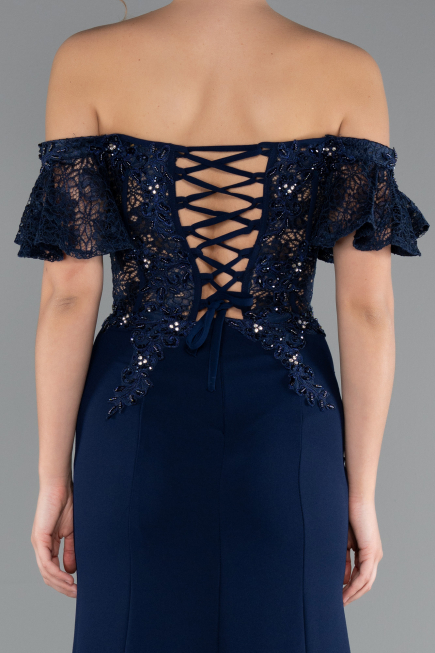 Robe de Soirée Longue Dantelle Bleu Marine ABU2261