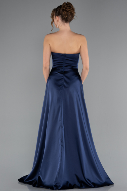 Robe de Soirée Longue Satin Bleu Marine ABU5023