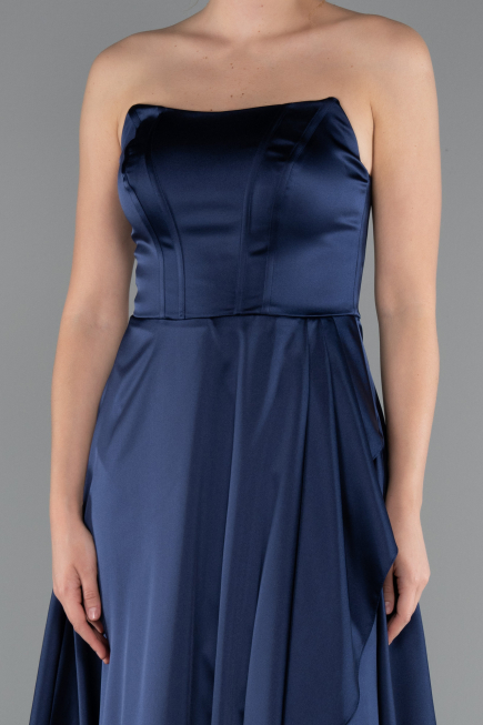 Robe de Soirée Longue Satin Bleu Marine ABU5023