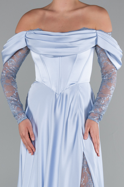 Robe de Soirée Longue Satin Bleu clair ABU5054