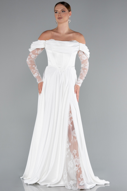 Robe de Soirée Longue Satin Blanc ABU5054